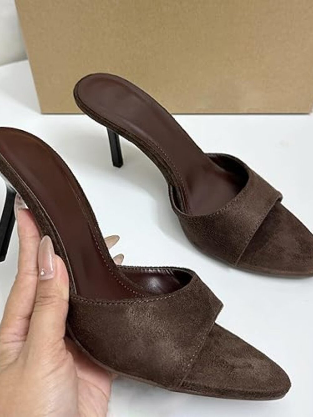 Women’s Suede Pointed Toe Mule Heels Open Toe Slingback Stiletto Slides